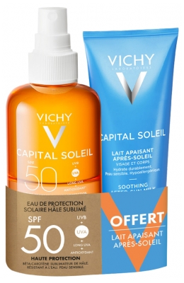 Vichy Capital Soleil Eau de Protection Solaire Hâle Sublimé SPF50 200 ml + Lait Après-Soleil Visage Corps 100 ml Offert