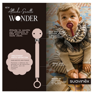 Suavinex Attache Sucette Silicone Wonder - Modèle : Rose Mauve