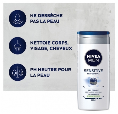 Nivea Men Sensitive Gel Douche 3en1 Corps Visage et Cheveux à l'extrait de Bambou 500 ml