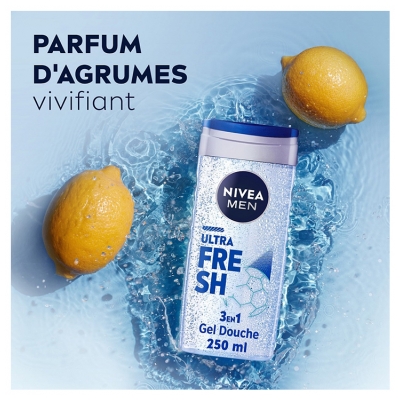 Nivea Men Ultra Fresh Gel Douche 3en1 Visage Corps et Cheveux Parfum Agrumes Édition Limité 250 ml