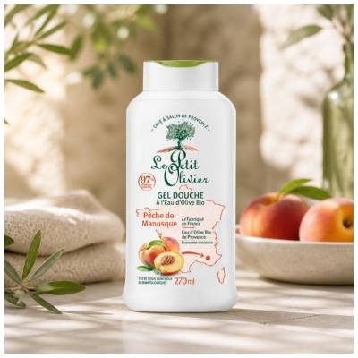 Le Petit Olivier Gel Douche à l'Eau d'Olive Bio de Provence et Pêche de Manosque 270 ml