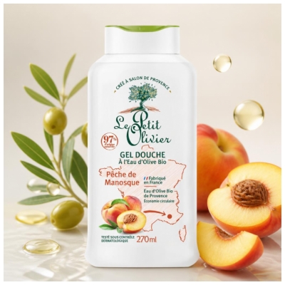 Le Petit Olivier Gel Douche à l'Eau d'Olive Bio de Provence et Pêche de Manosque 270 ml