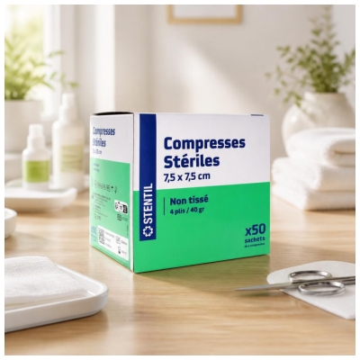 Stentil Compresses Stériles Non Tissées 50 Sachets de 2 Compresses de 7,5 x 7,5 cm