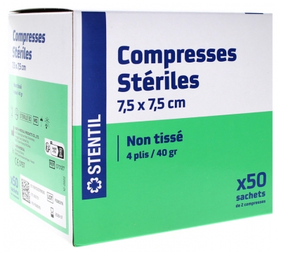 Stentil Compresses Stériles Non Tissées 50 Sachets de 2 Compresses de 7,5 x 7,5 cm