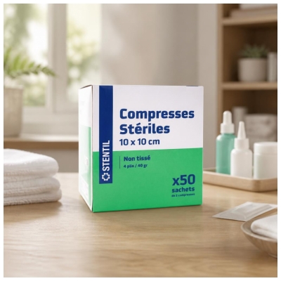 Stentil Compresses Stériles Non Tissées 50 Sachets de 2 Compresses de 10 x 10 cm