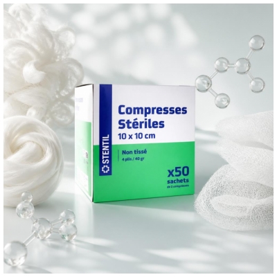 Stentil Compresses Stériles Non Tissées 50 Sachets de 2 Compresses de 10 x 10 cm