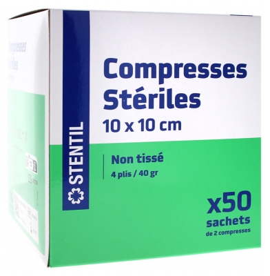 Stentil Compresses Stériles Non Tissées 50 Sachets de 2 Compresses de 10 x 10 cm