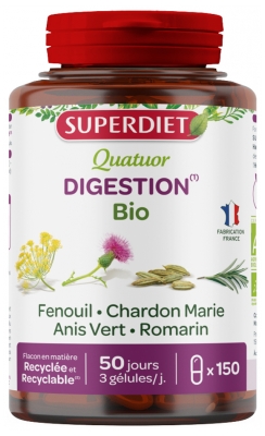 Superdiet Quatuor Fenouil Digestion Bio
Fenouil Chardon Marie Anis Vert Romarin - 150 Gélules