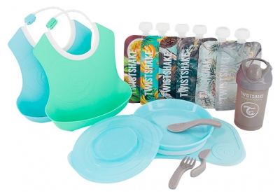 Twistshake Coffret Repas Les Essentiels 6 Mois et + - Couleur : Bleu Pastel / Vert Pastel / Gris Pastel