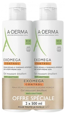 A-DERMA Exomega Control Gel Moussant Émollient Anti-Grattage Sans Parfum Lot de 2 x 500 ml