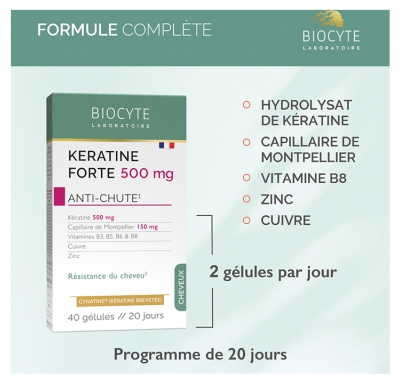 Biocyte Kératine Forte 500 mg Anti Chute Résistance du Cheveu 40 Gélules