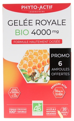 Phyto-Actif Gelée Royale 4000 mg Bio 20 Ampoules dont 6 Ampoules Offertes