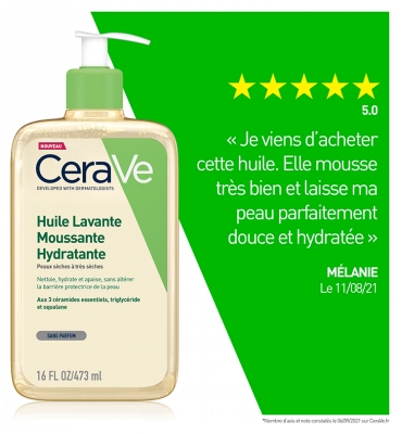 Cerave Huile Lavante Moussante Hydratante 473 ml Pour Les Peaux Normales à Trèsèches Les Peaux à Tendance Atopique