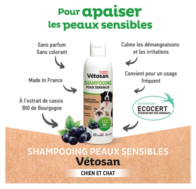 Clément Thékan Vétosan Shampoing Peaux Sensibles Chats et Chiens Bio Sans Parfum 200 ml