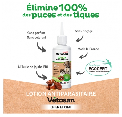 Clément Thékan Vétosan Lotion Antiparasitaire Sans Rinçage pour chats et Chiens Bio 150 ml