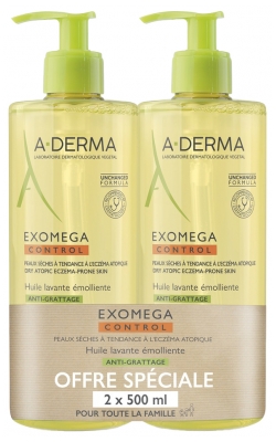 A-DERMA Exomega Control Huile Lavante Émolliente Peaux Sèches Atopiques Lot 2 x 500 ml