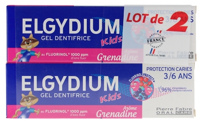 Elgydium Kids Dentifrice Protection Caries Grenadine 3/6 ans Lot de 2 x 50 ml