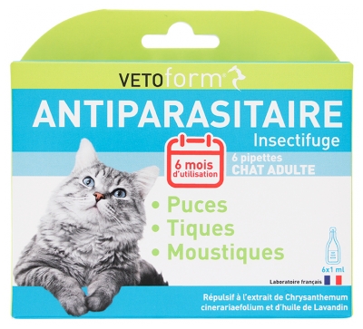 Vetoform Antiparasitaire Insectifuge Chat 6 Mois 6 Pipettes de 1 ml 