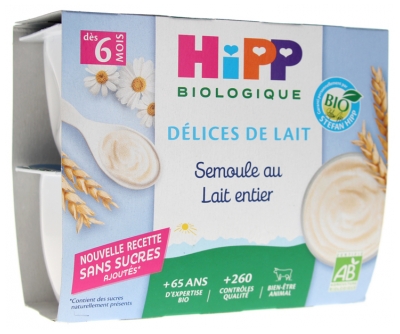Hipp Semoule au Lait Entier Coupelles 4 X 100 g Dès 6 Mois