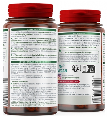 Superdiet Système Immunitaire Zinc et Vitamines D3, C 60 Gélules