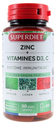 Superdiet Système Immunitaire Zinc et Vitamines D3, C 60 Gélules