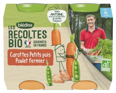 Blédina Les Récoltes Bio Carottes Petits Pois Poulet Fermier Dès 6 Mois Biologiques 2 POTS