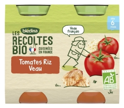 Blédina Les Récoltes Bio Tomates Riz Veau dès 6 Mois Biologique 2 POTS