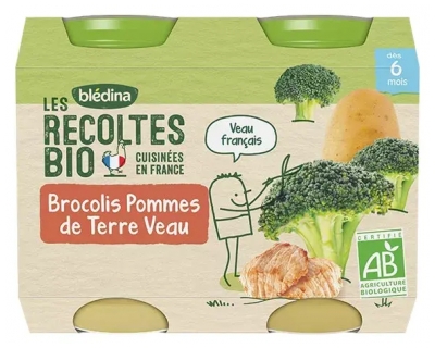 Blédina Les Récoltes Bio Brocolis Pommes de Terre Veau dès 6 Mois Biologique 2 POTS