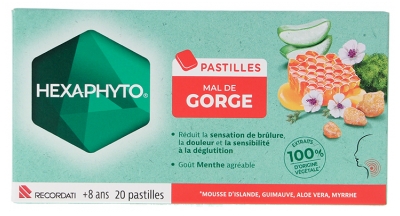 Hexaphyto Pastilles Mal de Gorge Goût Menthe 20 Unités
