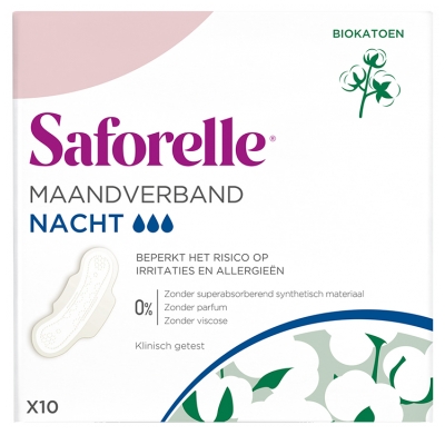 Saforelle Serviettes Hygiéniques Nuit Avec Ailettes en Coton Bio 10 Serviettes Hygiéniques