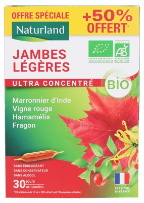 Naturland Jambes Légères Ultra Concentré Bio 20 Ampoules de 10 ml + 10 Offertes