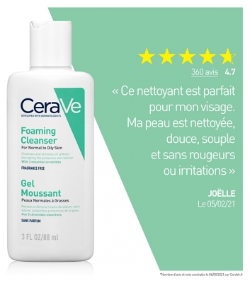 Cerave Gel Moussant Visage Pour Les Peaux Normales à Grasses 88 ml