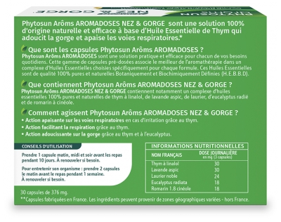 Phytosun Arôms Apsules Nez et Gorge Adoucit la Gorge et Apaise Les Voies Respiratoires Grâce Aux Huiles Essentielles de Thym et d'Eucalyptus 30 Capsules