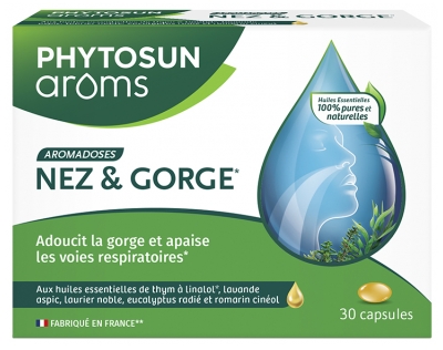 Phytosun Arôms Apsules Nez et Gorge Adoucit la Gorge et Apaise Les Voies Respiratoires Grâce Aux Huiles Essentielles de Thym et d'Eucalyptus 30 Capsules