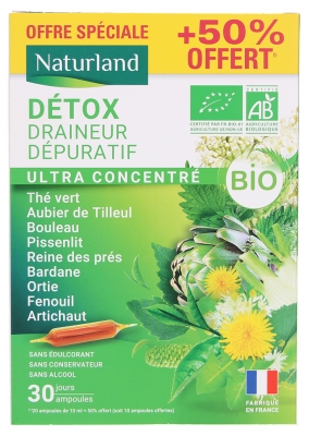 Naturland Détox Draineur Dépuratif Ultra Concentré Bio 20 Ampoules de 10 ml + 10 Offertes