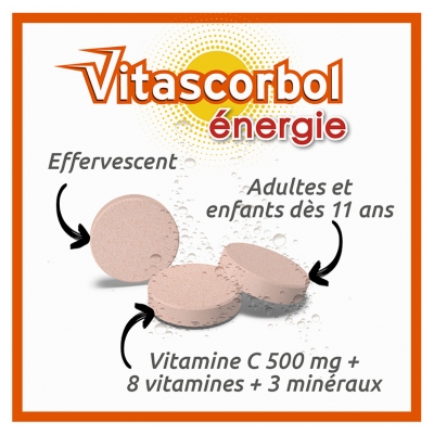 Vitascorbol Énergie C500 + 8 Vitamines + 3 Minéraux 30 Unités Effervescentes