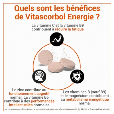 Vitascorbol Énergie C500 + 8 Vitamines + 3 Minéraux 30 Unités Effervescentes