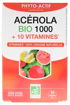 Phyto-Actif Acerola 1000 + 10 vitamines Arôme Fruits Rouges Bio 24 Comprimés