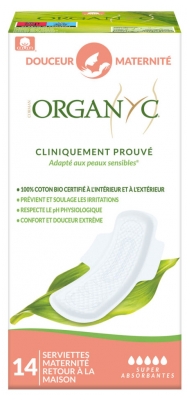 Organyc Douceur Maternité 14 Serviettes Hygiéniques Flux Extra Peaux Sensibles