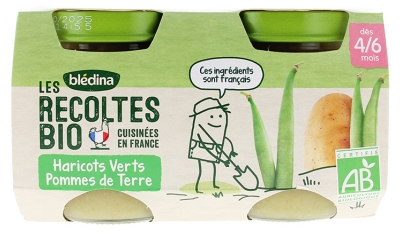 Blédina Les Récoltes Bio Haricots Verts Pommes de Terre 4/6 Mois Bio 2 POTS