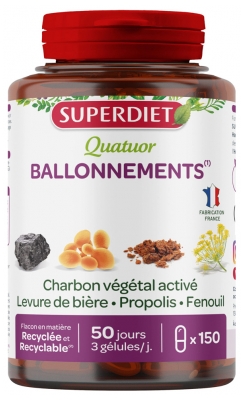 Superdiet Quatuor Fenouil BallonnementsCharbon Végétal Activé Levure de Bière Propolis Fenouil 150 Gélules