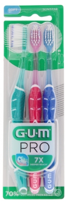 GUM Pro Brosse à Dents Souple 3 Brosses - Couleur : Vert d'Eau - Rose - Bleu