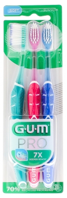 GUM Pro Brosse à Dents Souple 3 Brosses - Couleur : Vert - Rose - Bleu