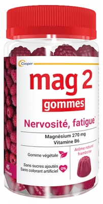 Mag 2 Mag2 Gommes Nervosité-Fatigue Complément Alimentaire Magnésium-Vitamine B6 Arôme Framboise 45 Pièces
