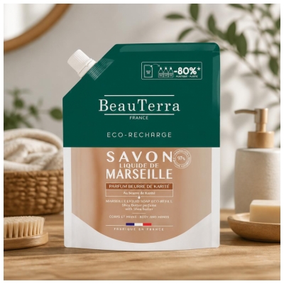 BeauTerra Savon de Marseille Liquide Parfum Beurre de Karité Éco-Recharge 900 ml