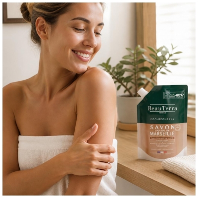 BeauTerra Savon de Marseille Liquide Parfum Beurre de Karité Éco-Recharge 900 ml