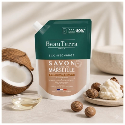 BeauTerra Savon de Marseille Liquide Parfum Beurre de Karité Éco-Recharge 900 ml