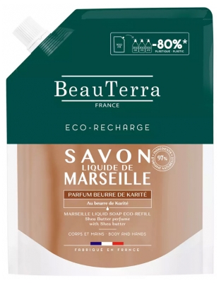BeauTerra Savon de Marseille Liquide Parfum Beurre de Karité Éco-Recharge 900 ml