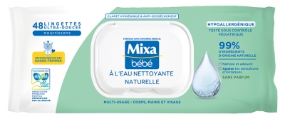 Mixa Bébé Lingettes à l'Eau Nettoyante Naturelle Multi-Usage 48 Lingettes