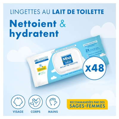 Mixa Bébé Lingettes au Lait de Toilette 48 Unités